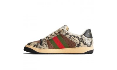 (Free Shipping)Gucci Screener Python-embossed Leather Sneakers Beige Black Brown  698605-19YC0-9781