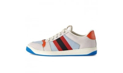 (Free Shipping)Gucci Screener GG Leather Sneakers 'Grey Blue Red' 708296-0YIA0-1471