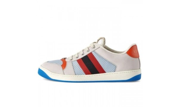 (Free Shipping)Gucci Screener GG Leather Sneakers 'Grey Blue Red' 708296-0YIA0-1471